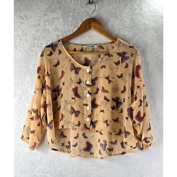 Forever 21 Crop Top High-Low Butterfly SzL Simi-sheer Coquette Button Up Blouse - Picture 1 of 9